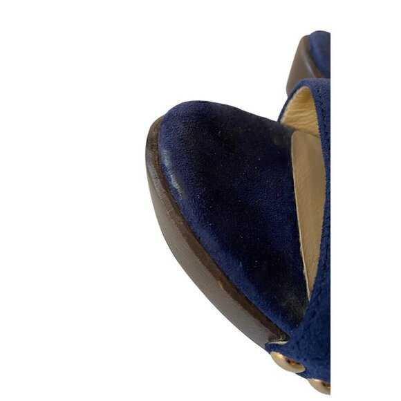 Jimmy Choo Suede Studded Unity Platform Sandals Heels 38 US 8 Blue Gold Strappy - Picture 2 of 16